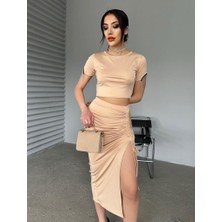 Foa Fashion  Bej Büzgülü Etek Kolları Zincirli Crop Dalgıç Kumaş Ikili Takım