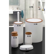 Okyanus Home Beyaz Ahşap Çizgili Yuvarlak Banyo Seti Sert Plastik Malzemeden 5'li Set