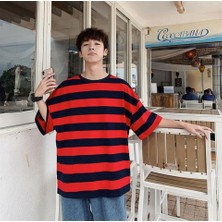 Touz Moda Kırmızı Siyah Çizgili Oversize T-Shirt