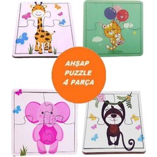 Woodylife Ilk Puzzlem Bebek Maymun Zürafa Pembe Fil ve Balon Tutan Kedi 4 Lü 4 Parça Puzzle Yapboz Eğitici Çocuk Oyuncak