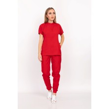 Nur Medikal Giyim Kırmızı Renk Çıt Çıtlı Hakim Yaka Soft Likra Doktor, Hemşire, Hastane, Nöbet Forma Takım