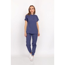 Nur Medikal Giyim Fırtına Mavisi Renk Çıt Çıtlı Hakim Yaka Soft Likra Doktor, Hemşire, Hastane, Nöbet Forma Takım