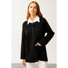 Mutlu Ertan Simli Pon Ponlu Triko Hırka-Siyah