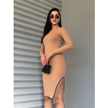 Foa Fashion Sütlü Kahve Eteği Zincir Detay Bürümcük Elbise10