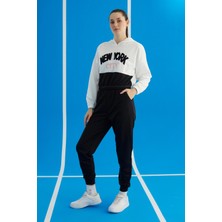 Say Sportswear Kapüşonlu Ekru Siyah Beyaz Kadın Eşofman Takımı