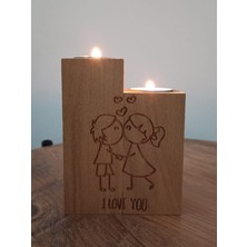 Art&Gift Aşk Motifli Dekoratif Ahşap Ikili Mumluk ve Hediye Iki Adet Mum