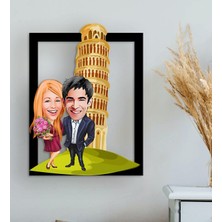 Bk Gift Kişiye Özel Sevgililer Pisa Kulesi Karikatürlü 3D Ahşap Tablo-1