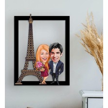 Bk Gift Kişiye Özel Sevgililer Eyfel Kulesi Karikatürlü 3D Ahşap Tablo-1