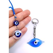 Helis Göz Nazar Boncuğu Anahtarlık + Iki Nazar Boncuklu Araba Dikiz Ayna Süsü El Yapımı Cam Set