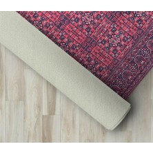 Carpettex Modern Klasik Afgan Desenli Kırmızı Siyah Halı Kaymaz Taban Makinada Yıkanabilir