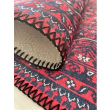 Carpettex Modern Klasik Afgan Desenli Kırmızı Siyah Halı Kaymaz Taban Makinada Yıkanabilir