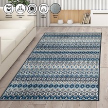 Carpettex Modern Iskandinav Kilim Desenli Mavi Gri Halı Kaymaz Taban Makinada Yıkanabilir