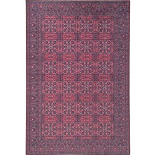 Carpettex Modern Klasik Afgan Desenli Kırmızı Siyah Halı Kaymaz Taban Makinada Yıkanabilir