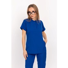 Nur Medikal Giyim Saks Mavi Renk Çıt Çıtlı Hakim Yaka Soft Likra Doktor, Hemşire, Hastane, Nöbet Forma Takım