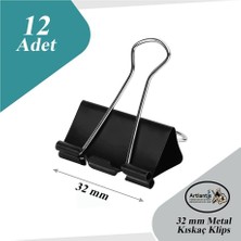 Artlantis Çelik Kıskaç Klips 32 mm 12 Adet 1 Paket Metal Mandal Binder Clips Kıska 150 Sayfa Kapasiteli Çok Amaçlı Kullanım