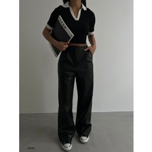 Lolli Boom Kids Kadın Giyim Yüksek Bel Deri Siyah Renk Palazzo Pantolon