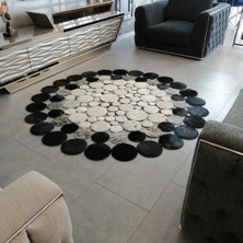 Dericibey Yuvarlak Krem Gri  Dana Derisi Puantiyeli Halı 150 x 150 cm