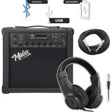 Midex MGA-25BK-HD Elektro Gitar Amfisi 25 Watt USB Bluetooth ve Şarjlı (Amfi Kulaklık ve Jack Kablo)