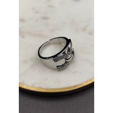 Fuya Design Zirkon Taşlı Plaka Üzeri Zincir Yüzük Silver