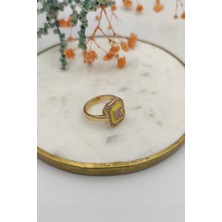 Fuya Design Sarı Mineli Kenarı Zirkon Taşlı Yüzük