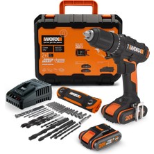 Worx WX370 20VOLT/2AH. Li-Ion Çift Akülü Profesyonel Şarjlı Darbeli Matkap + 30 Parça Aksesuar Seti