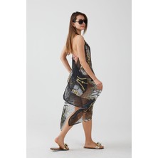 Ays Home Moda Leopar Desen Siyah Plaj Elbisesi