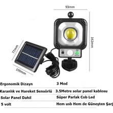 Gaman Güneş Enerjili Cob LED Solar Panel Güneş Enerjili 3 Mod Harekete Duyarlı Duvar Lambası 3.5 Mt Kablo