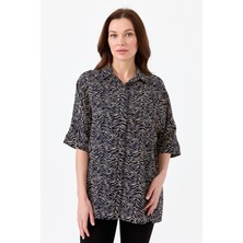 Desen Triko Kadın Kaplan Desenli Yarasa Kol Gömlek Lacivert