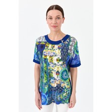 Desen Triko Kadın Sıfır Yaka Karışık Desenli Penye T-Shirt Saks