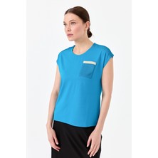 Desen Triko Kadın Sıfır Yaka Düşük Kol Simli Penye T-Shirt Turkuaz