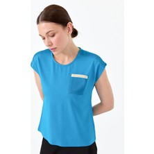 Desen Triko Kadın Sıfır Yaka Düşük Kol Simli Penye T-Shirt Turkuaz