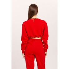 Kaktüs Moda Şardonlu 3 Iplik Kumaş Uzun Kol Kadın Sweatshirt Kırmızı 23KEFT1