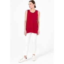 Desen Triko Kadın Askılı Penye T-Shirt Kırmızı