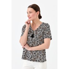 Desen Triko Kadın Yakası Fermuarlı Penye Tshirt Siyah