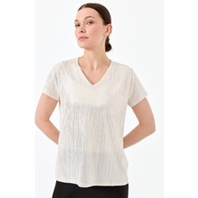 Desen Triko Kadın V Yaka Cepli Penye T-Shirt Ekru