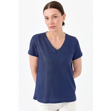 Desen Triko Kadın V Yaka Cepli Penye T-Shirt Lacivert