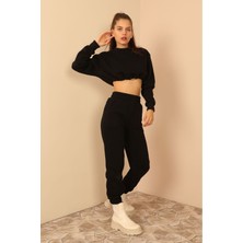 Kaktüs Moda Şardonlu 3 Iplik Kumaş Uzun Kol Kadın Sweatshirt Siyah 23KEFT1