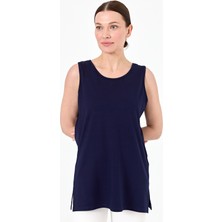 Desen Triko Kadın Askılı Penye T-Shirt Lacivert