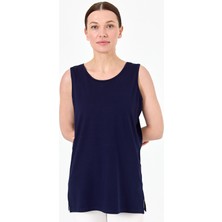Desen Triko Kadın Askılı Penye T-Shirt Lacivert