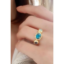 Ose Shop Kalsedon Labrodorite ve Turkuaz Taşlı 925AYAR Gümüş Üzerine Altın Kaplama Doğal Taş Yüzük