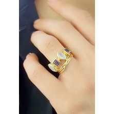 Ose Shop Labrodorite ve Ay Taşlı 925AYAR Gümüş Üzerine Altın Kaplama Doğal Taş Yüzük