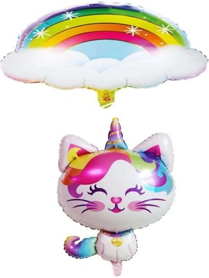 Best Parti Bulutlu Gökkuşağı Unicorn Kedi Folyo Balon Seti