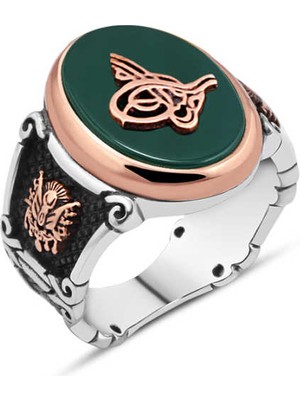 Amberkan Yeşil Akik Taş Üzeri Tuğralı Erkek Yüzük