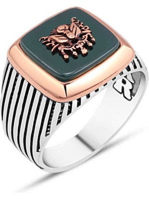 Amberkan Yeşil Akik Taş Üzeri Osmanlı Devlet Armalı Erkek Yüzük