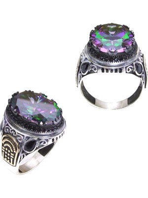 Amberkan Yeşil Mistik Topaz Taşlı Kenarları Zirkon Taşlı Özel Motifli Gümüş Erkek Yüzük