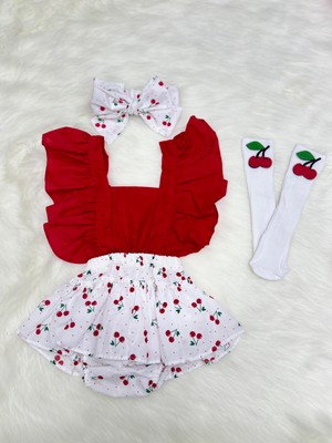 Şapka Kids Kız Bebek Kiraz Slopet Bandana ve Çorap Set10