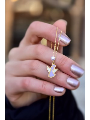 Papatya Silver 925 Ayar Gümüş Gold Kaplama Parlayan Rüya Serisi Tasarım Incili Lila Ebruli Cam Boyalı Melek Kolye