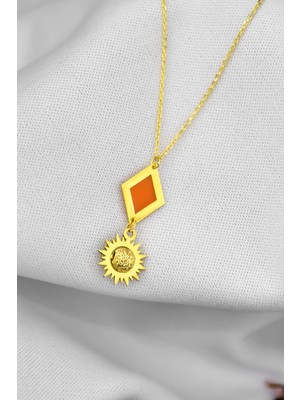 Papatya Silver 925 Ayar Gümüş Gold Kaplama Parlayan Rüya Serisi Ebruli Cam Boyalı Dörtgen ,güneş Kolye