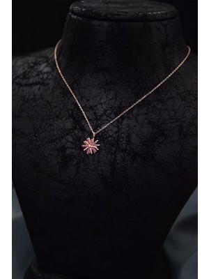Papatya Silver 925 Ayar Gümüş Rose Kaplama Pembe Zirkon Taşlı Dönen Güneş Kolye