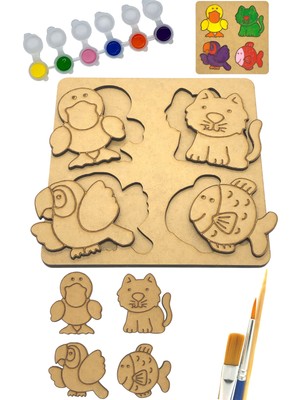 Art Inside Çocuklar Için Ördek Kedi Papağan Balık Figürlü Puzzle Ahşap Boyama Yapboz Seti Hediye Hobi Kiti